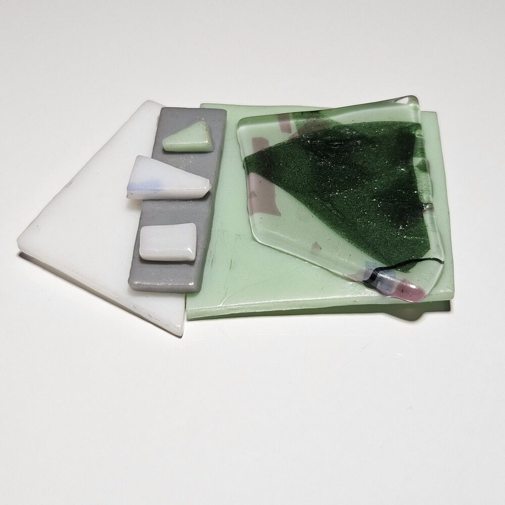 Vintage Abstract Green White Gray Fused Glass Brooch